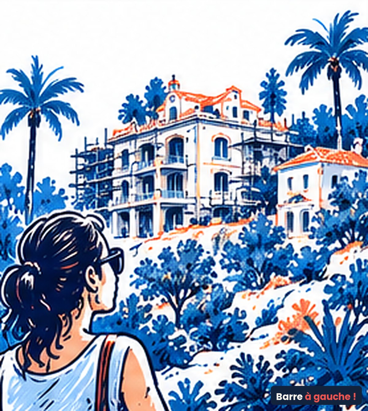Dessin : une femme regarde une maison des femmes encore lointaine