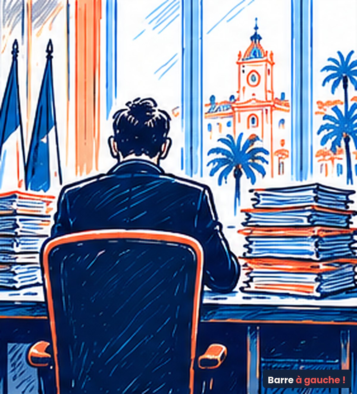 Dessin : un homme de dos derrière un bureau couvert de dossiers