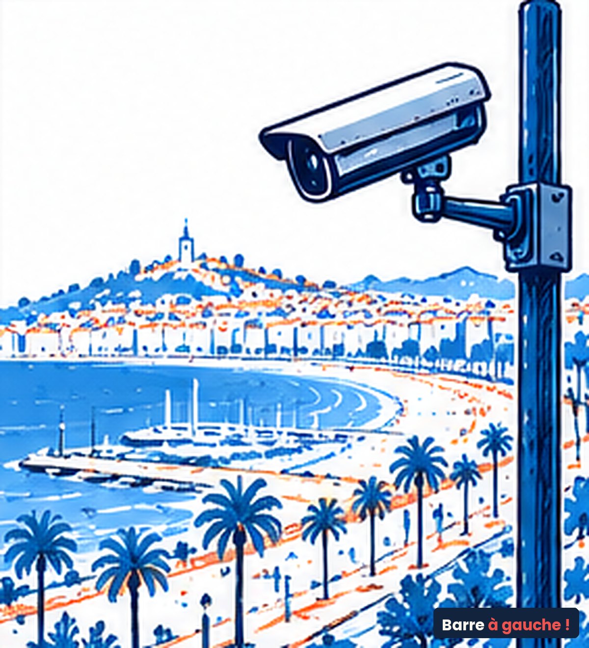 Dessin : une caméra de surveillance face à la baie